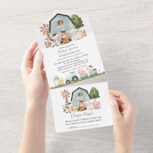 Farm Animals, Cute Animals, Blue Barn, Baby Shower All In One Invitation