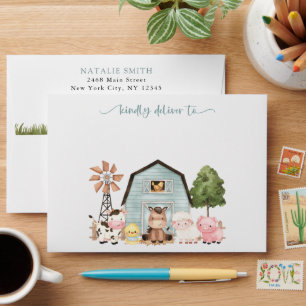 Farm Animals, Cute Animals, Blue Barn, Baby Shower Envelope