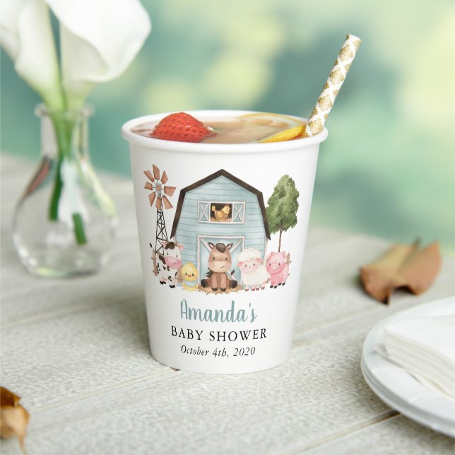 Farm Animals, Cute Animals, Blue Barn, Baby Shower Paper Cups (Insitu)