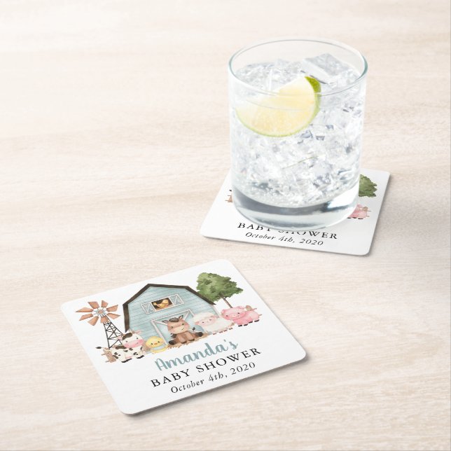 Farm Animals, Cute Animals, Blue Barn, Baby Shower Square Paper Coaster (Insitu)