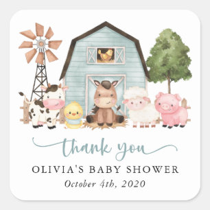 Farm Animals, Cute Animals, Blue Barn, Baby Shower Square Sticker