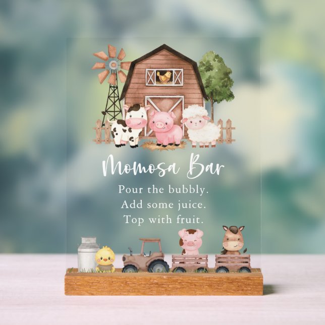 Farm Animals, Cute Animals, Brown Barn, Momosa Bar Acrylic Sign (Neutral)