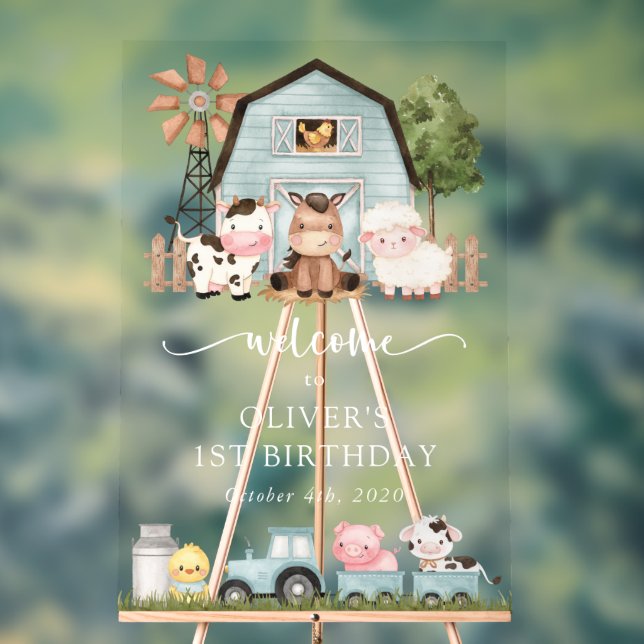Farm Animals, Cute Animals, First Birthday Welcome Acrylic Sign (Neutral)