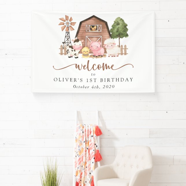 Farm Animals, Cute Animals, First Birthday Welcome Banner (Insitu)