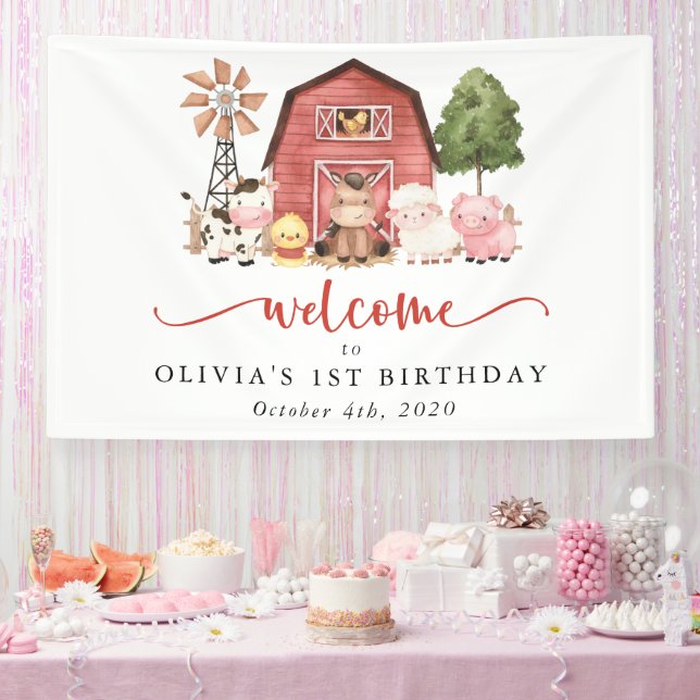 Farm Animals, Cute Animals, First Birthday Welcome Banner (Party)