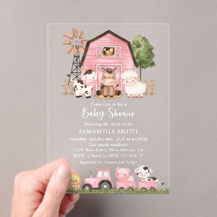 Farm Animals, Cute Animals, Pink Barn, Baby Shower Acrylic Invitations