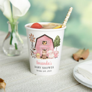 Farm Animals, Cute Animals, Pink Barn, Baby Shower Paper Cups