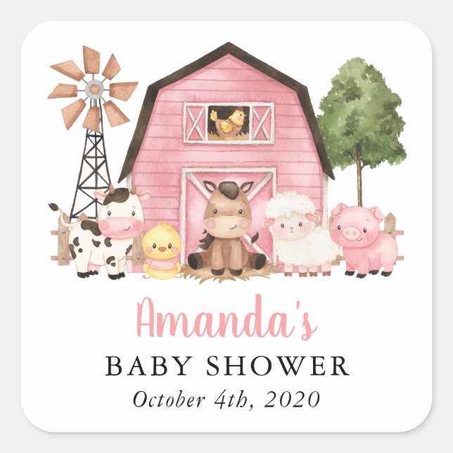 Farm Animals, Cute Animals, Pink Barn, Baby Shower Square Sticker (Front)
