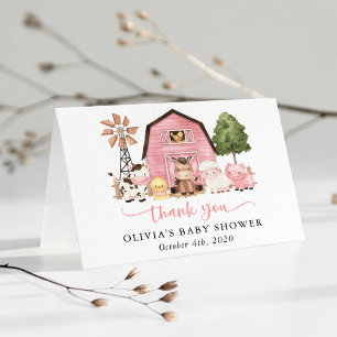 Farm Animals, Cute Animals, Pink Barn, Baby Shower Thank You Card