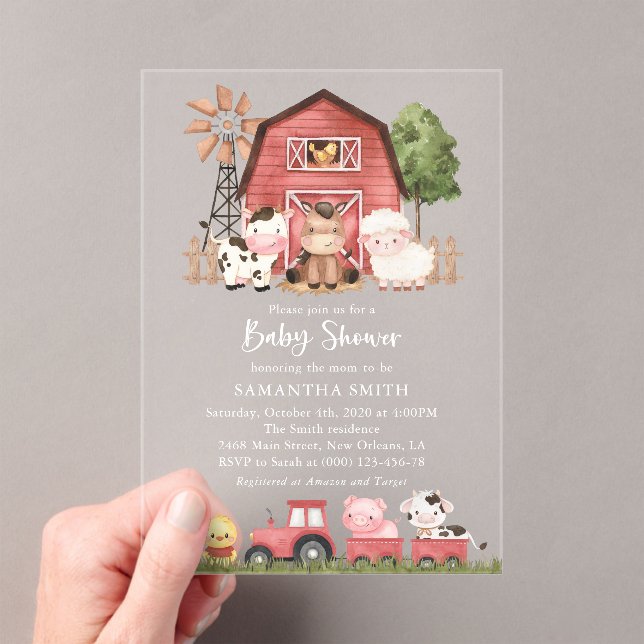 Farm Animals, Cute Animals, Red Barn, Baby Shower Acrylic Invitations (Insitu (Handheld))