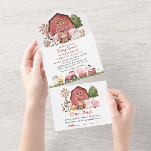 Farm Animals, Cute Animals, Red Barn, Baby Shower All In One Invitation