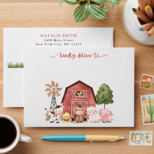 Farm Animals, Cute Animals, Red Barn, Baby Shower Envelope