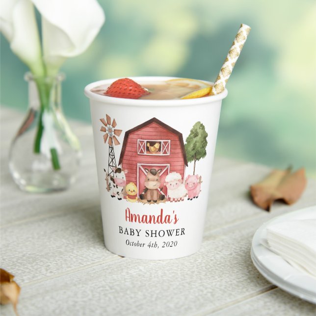 Farm Animals, Cute Animals, Red Barn, Baby Shower Paper Cups (Insitu)