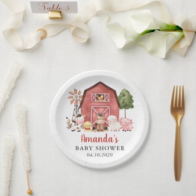 Farm Animals, Cute Animals, Red Barn, Baby Shower Paper Plate (Wedding)