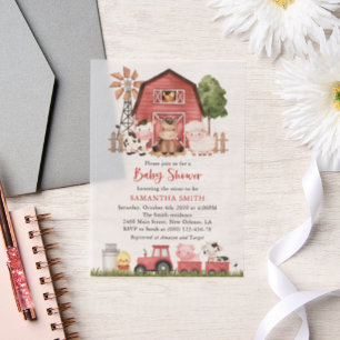 Farm Animals, Cute Animals, Red Barn, Baby Shower Vellum Invitations