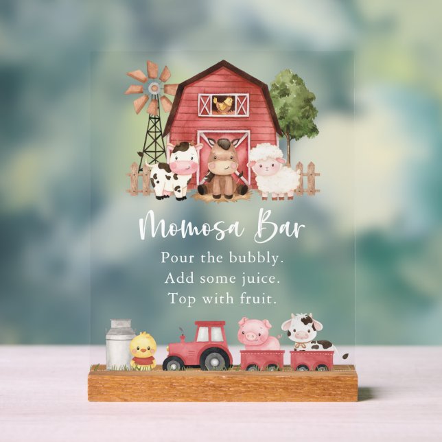 Farm Animals, Cute Animals, Red Barn, Momosa Bar Acrylic Sign (Neutral)