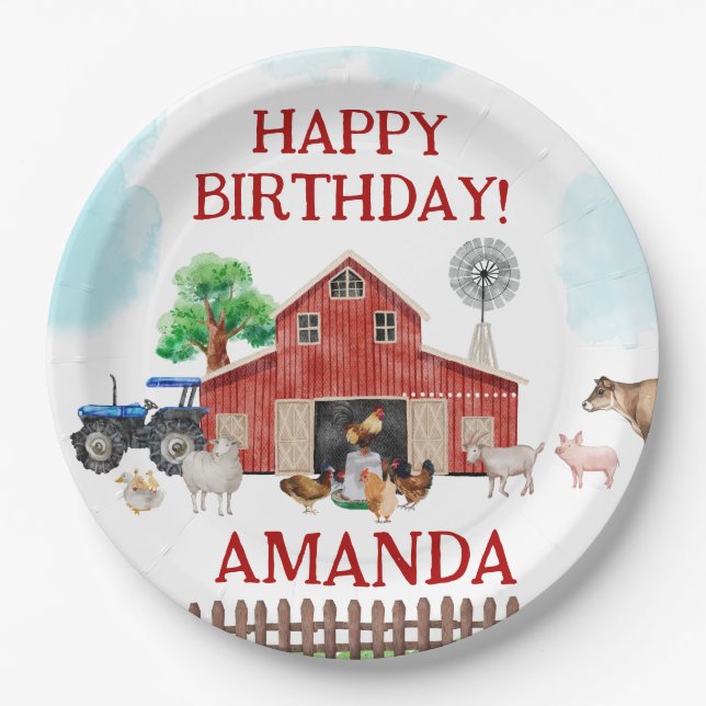 Farm Animals Cute Red Barnyard Farm Balloon Paper Plate (Front)