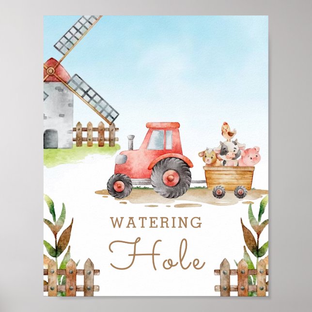 Farm Animals First Birthday Party Watering Hole Poster (Front)