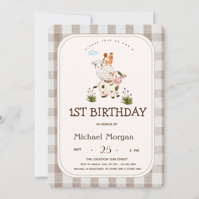 Farm Animals Gingham Invitation (Front)