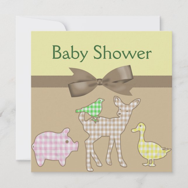 Farm Animals Gingham Neutral Baby Shower Invitation (Front)