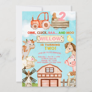 Farm animals girl 2nd birthday invitation. invitation
