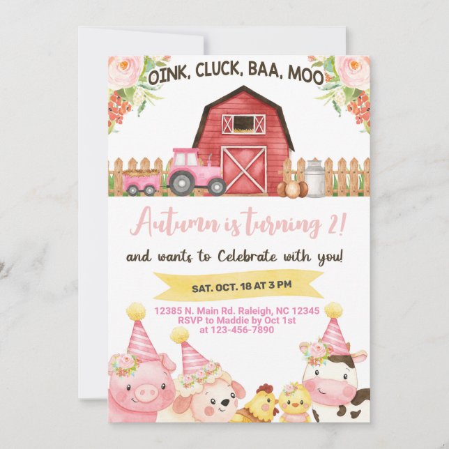 Farm animals girl birthday invitation. invitation (Front)