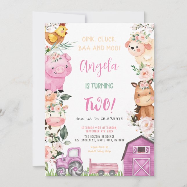 Farm Animals Girl Birthday Party Invitation (Front)