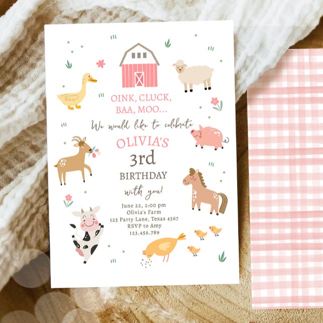 Farm Animals Girl Gingham Barnyard Birthday Invitation (Creator Uploaded)
