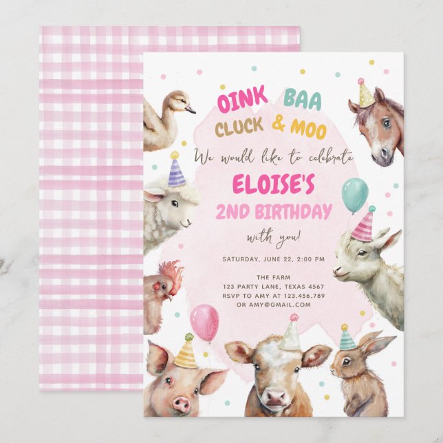 Farm Animals Girl Pink Gingham Barnyard Birthday I Invitation (Front/Back)