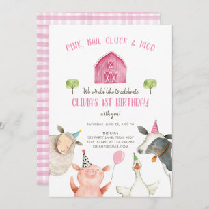 Farm Animals Girl Pink Gingham Barnyard Birthday Invitation