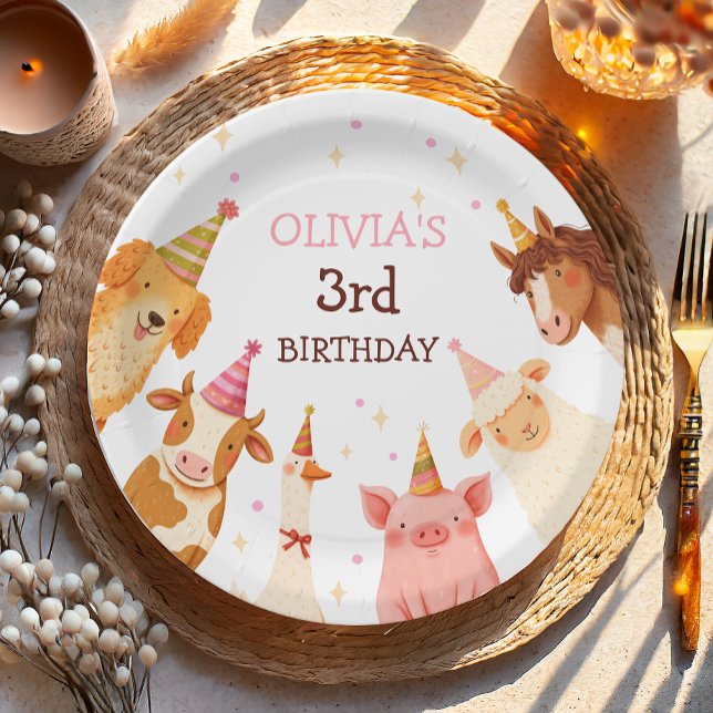 Farm Animals Girl Pink Gingham Barnyard Birthday Paper Plate (Creator Uploaded)
