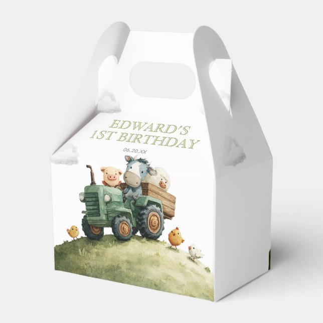 Farm Animals Green Tractor Birthday Favor Box (Back Side)