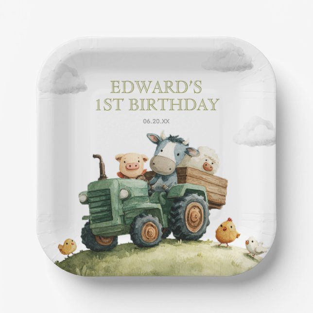 Farm Animals Green Tractor Birthday Paper Plate (Front)