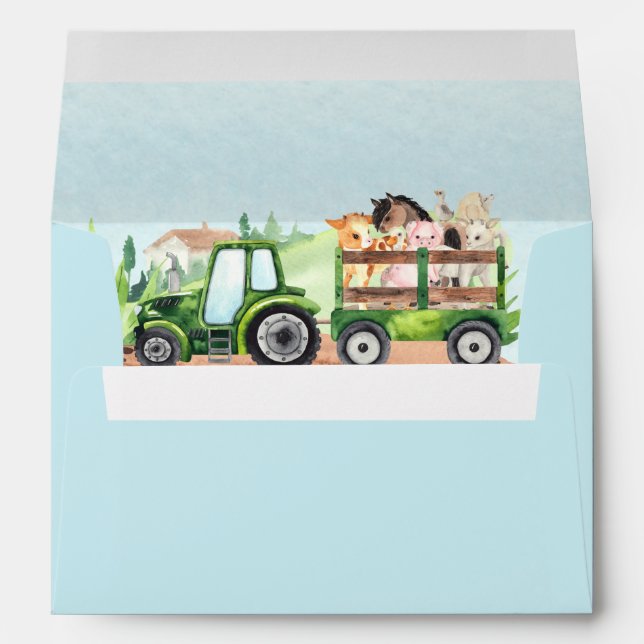  Farm Animals Green Tractor Boys Baby Shower Blue Envelope (Back (Bottom))