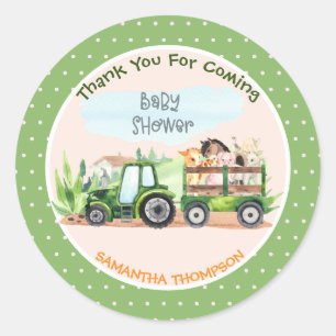   Farm Animals Green Tractor Boys Baby Shower  Classic Round Sticker