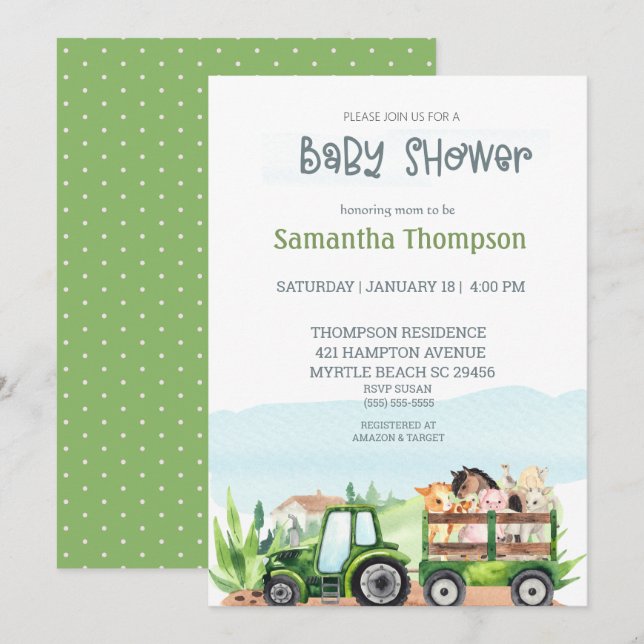   Farm Animals Green Tractor Boys Baby Shower     Invitation (Front/Back)