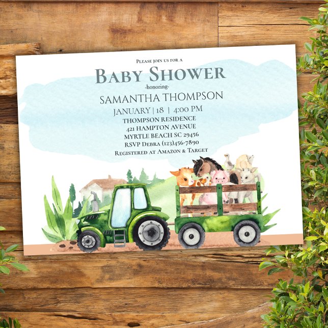   Farm Animals Green Tractor Boys Baby Shower     Invitation (Creator Uploaded)