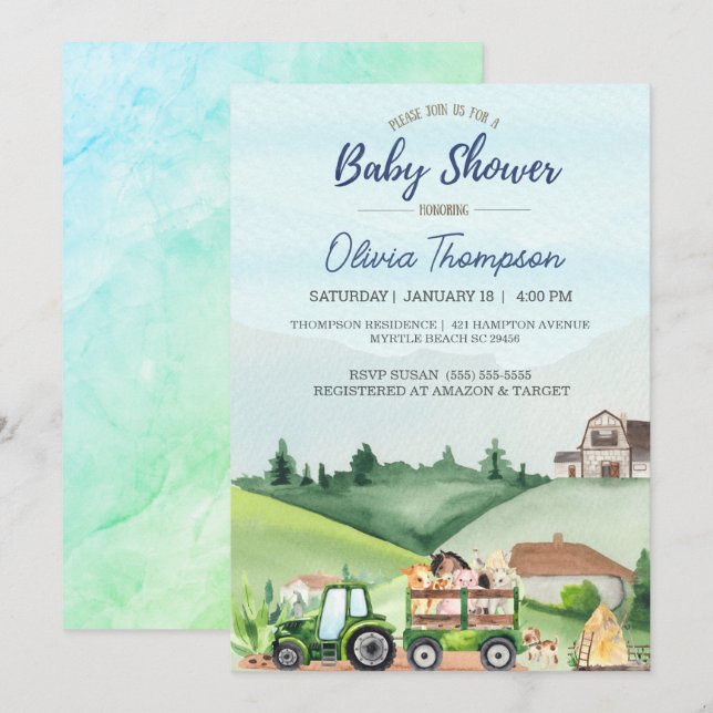   Farm Animals Green Tractor Boys Baby Shower     Invitation (Front/Back)