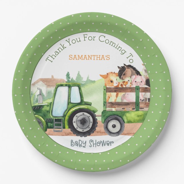   Farm Animals Green Tractor Boys Baby Shower   Paper Plate (Front)