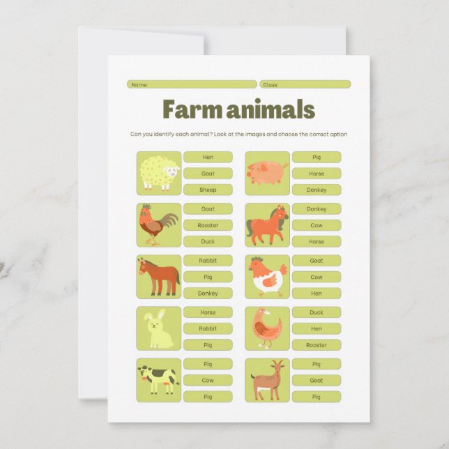 Farm Animals Identification Educational Worksheet Holiday Card (Front)