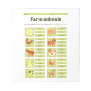 Farm Animals Identification Educational Worksheet Notepad