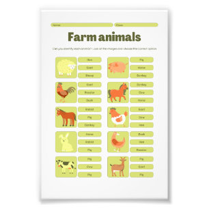 Farm Animals Identification Educational Worksheet Photo Print