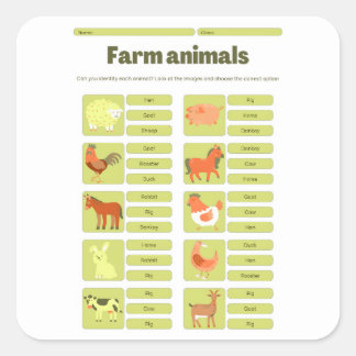 Farm Animals Identification Educational Worksheet Square Sticker