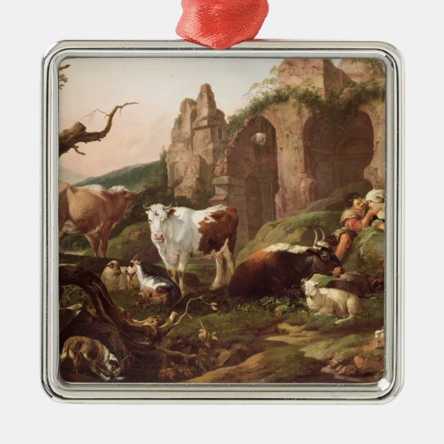 Farm animals in a landscape, 1685 metal ornament (Front)