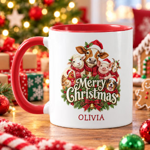 Farm Animals Merry Christmas Kids Name Mug