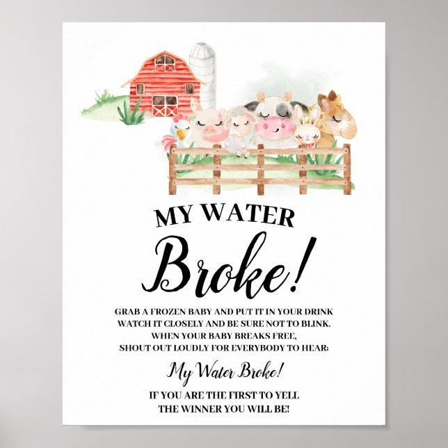 Farm Animals My Water Broke Baby Shower sign (Front)