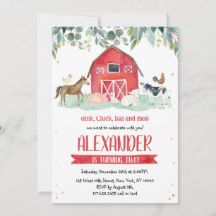 Farm Animals Oink Baa Moo Boy 1st Birthday Invitation