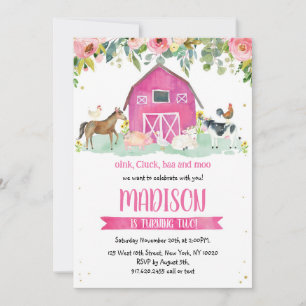 Farm Animals Oink Baa Moo Pink Girl 1st Birthday Invitation