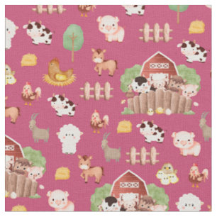 Farm Animals on Dark Pink Fabric