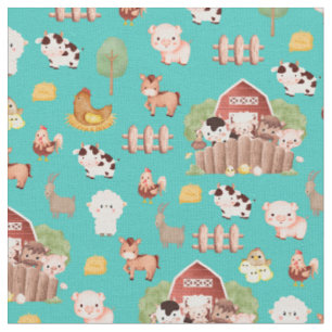 Farm Animals on Turquoise Fabric